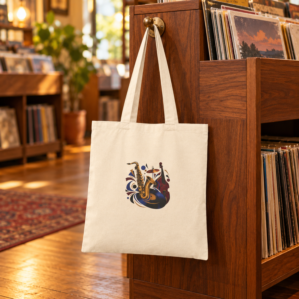 After Hours Jazz tote alone in record shop — digital mockup