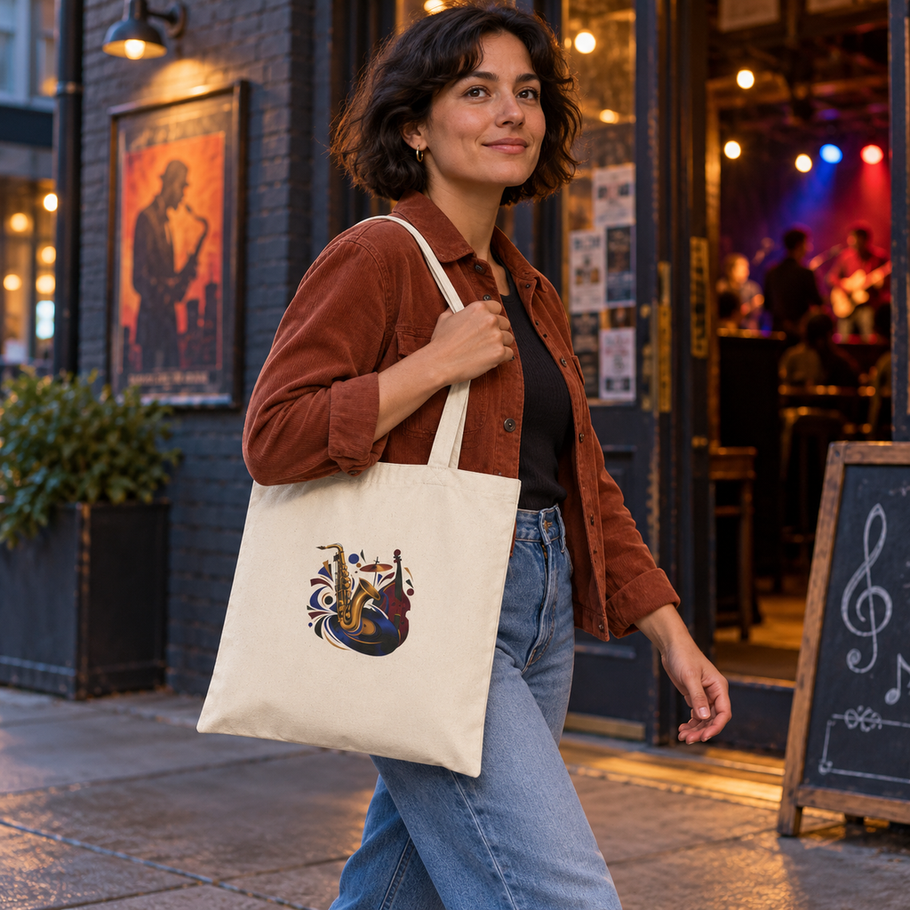 After Hours Jazz tote carried over shoulder outside music venue — digital mockup