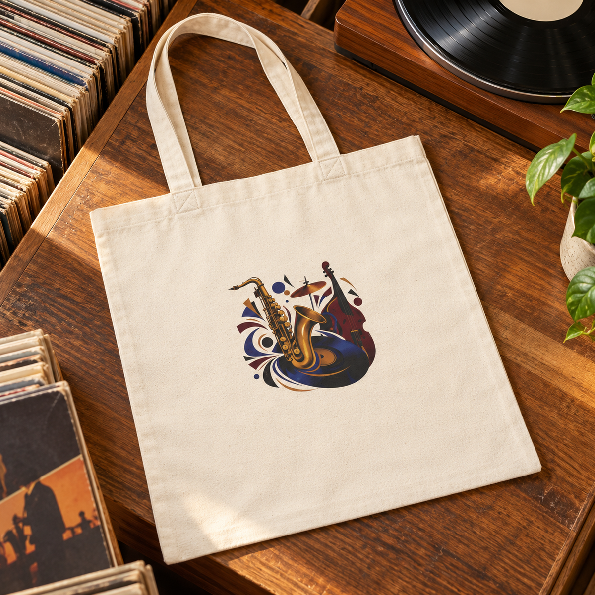 After Hours Jazz tote print and cotton canvas detail on record shop counter — digital mockup