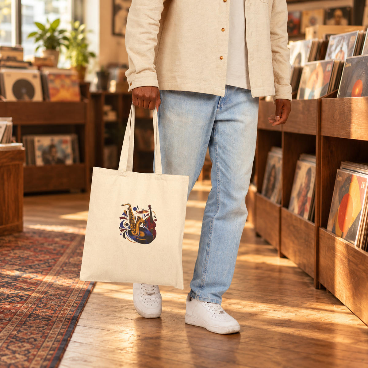 After Hours Jazz tote carried by hand through a record store — digital mockup