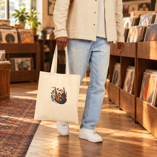 After Hours Jazz tote carried by hand through a record store — digital mockup