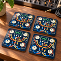 Set of four Analog After Hours printed cork-backed coasters on a walnut home-studio desk — digitally styled mockup