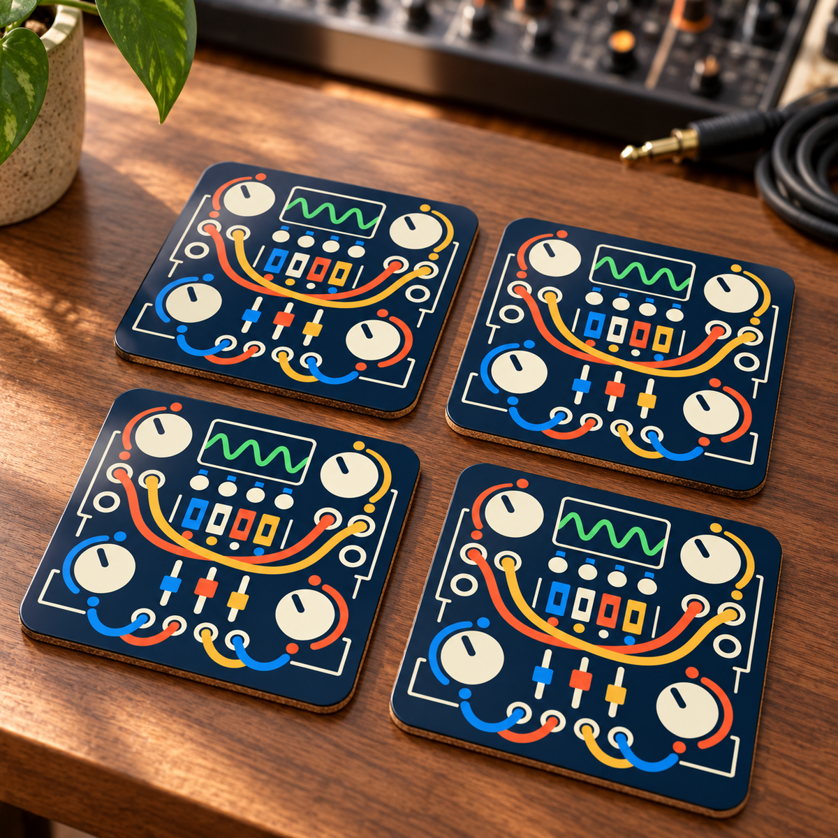 Set of four Analog After Hours printed cork-backed coasters on a walnut home-studio desk — digitally styled mockup