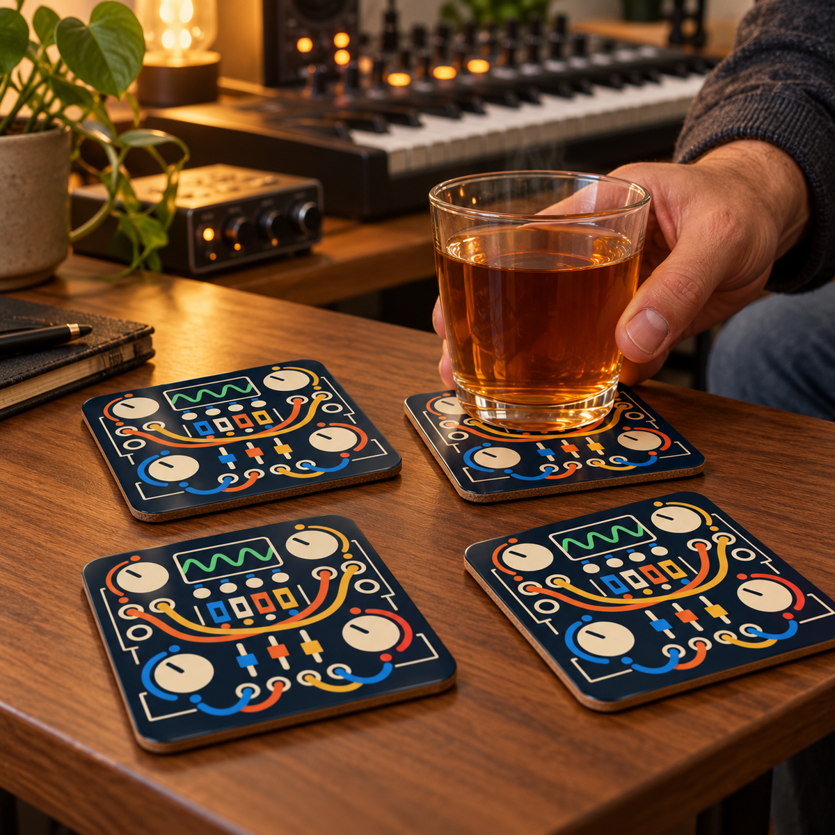 A person placing a tea glass on an Analog After Hours coaster at a home recording desk — digitally styled mockup