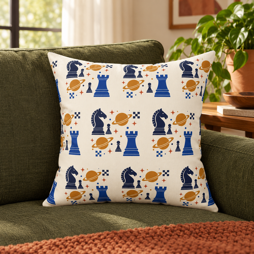 Cosmic Chess16×16in pillow alone on olive sofa — digital mockup