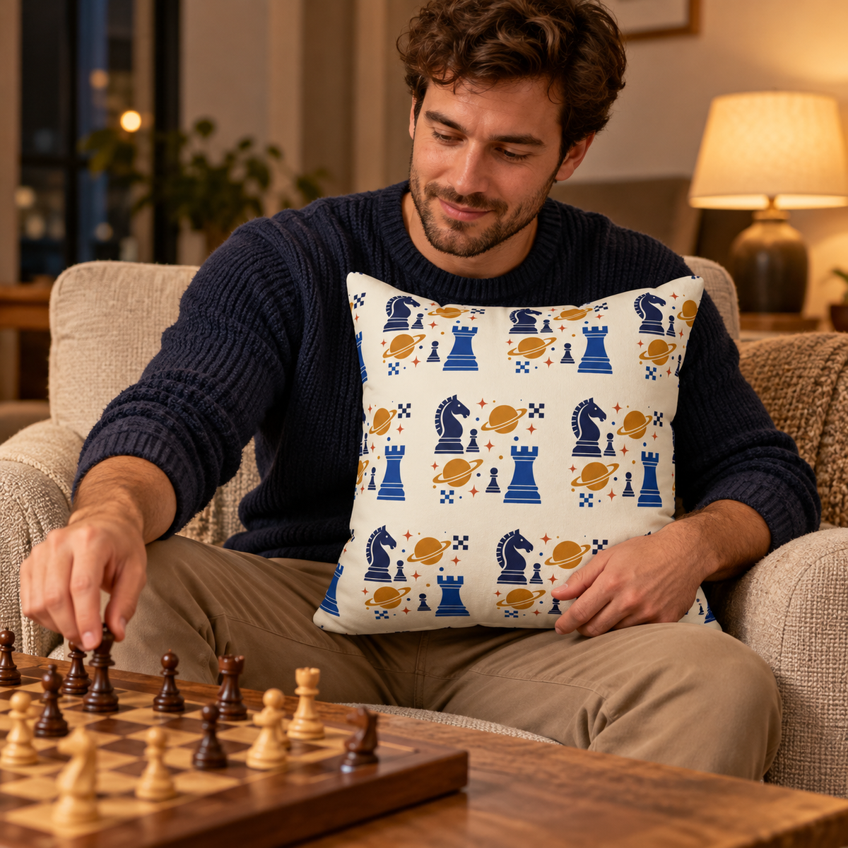 Cosmic Chess pillow used while playing chess in an armchair — digital mockup