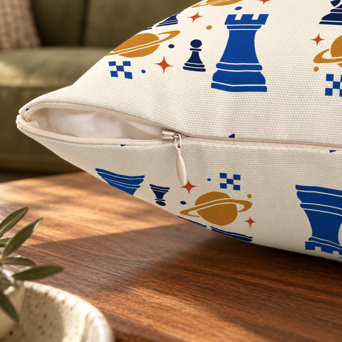 Cosmic Chess printed polyester and concealed zipper detail — digital mockup