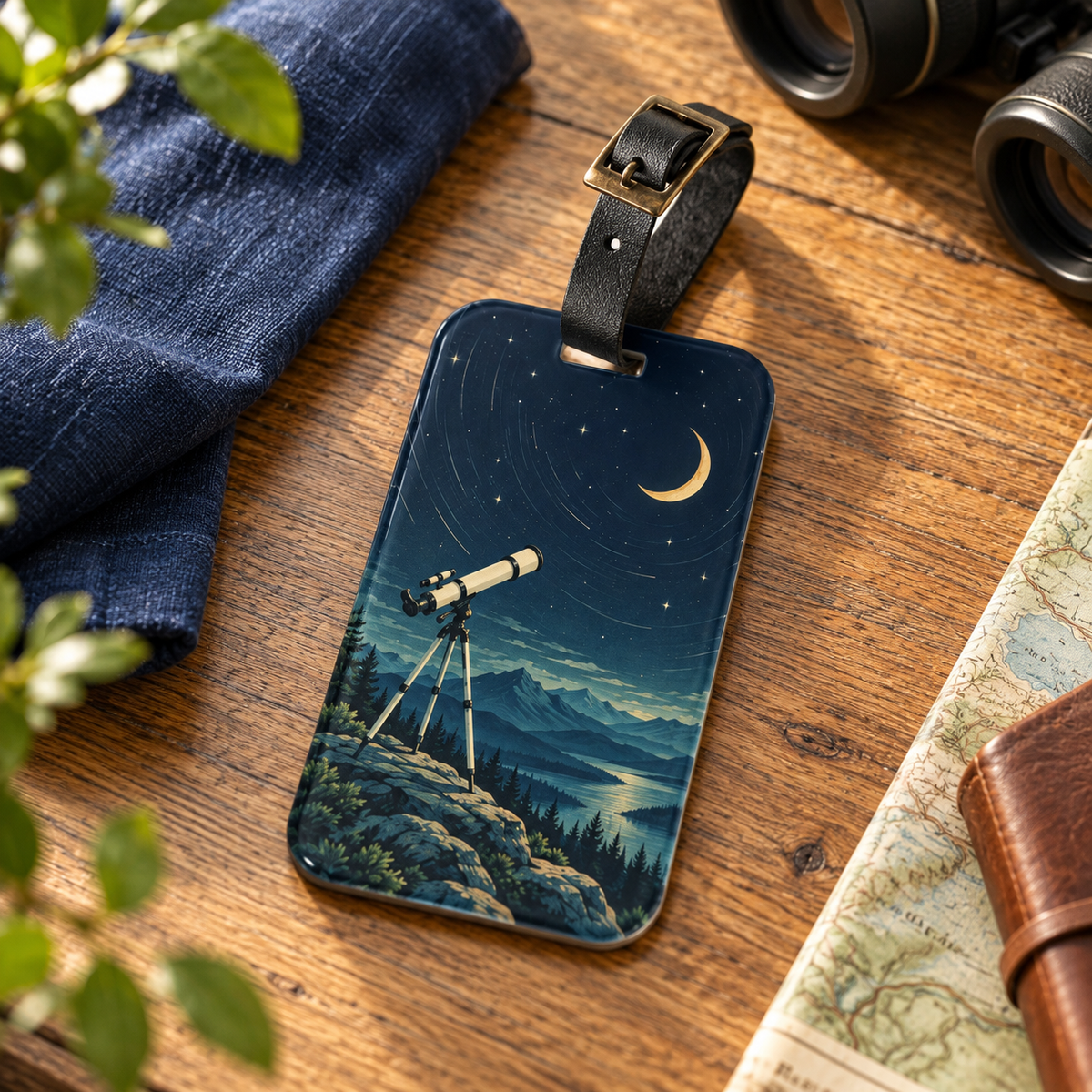 Dark Sky Traveller luggage tag with telescope and crescent moon artwork on a wooden travel desk