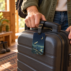 Traveler carrying a suitcase with the Dark Sky Traveller luggage tag attached to its handle