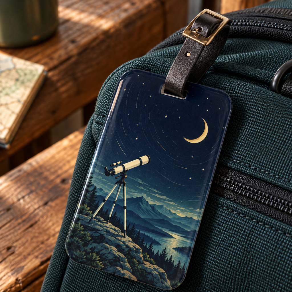 Detail of the glossy acrylic stargazer luggage tag and black buckle strap on a teal travel bag