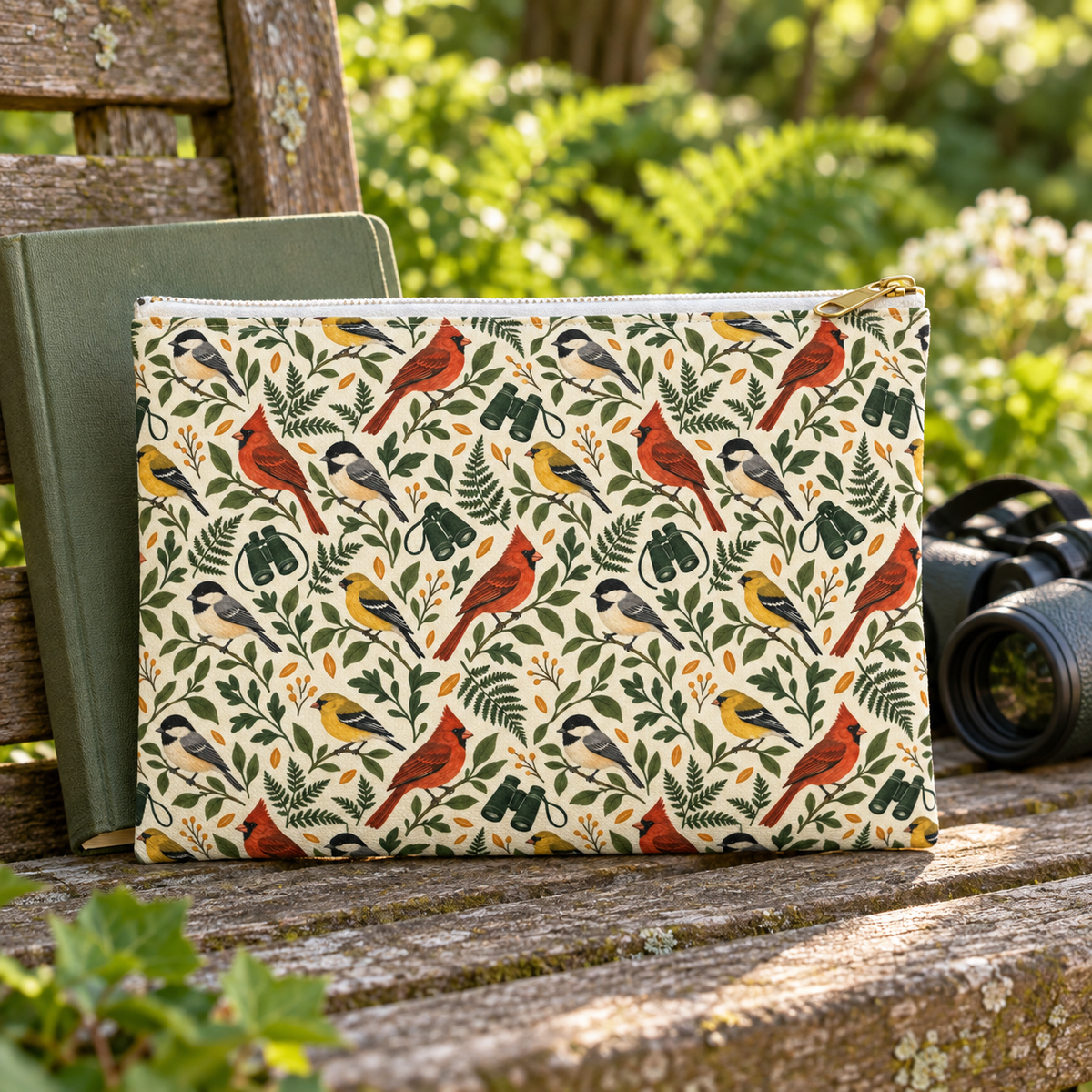 Dawn Chorus small birdwatching zip pouch on a garden bench beside binoculars — digitally styled mockup