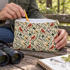 A birdwatcher taking a pencil from the Dawn Chorus pouch on a park bench — digitally styled mockup