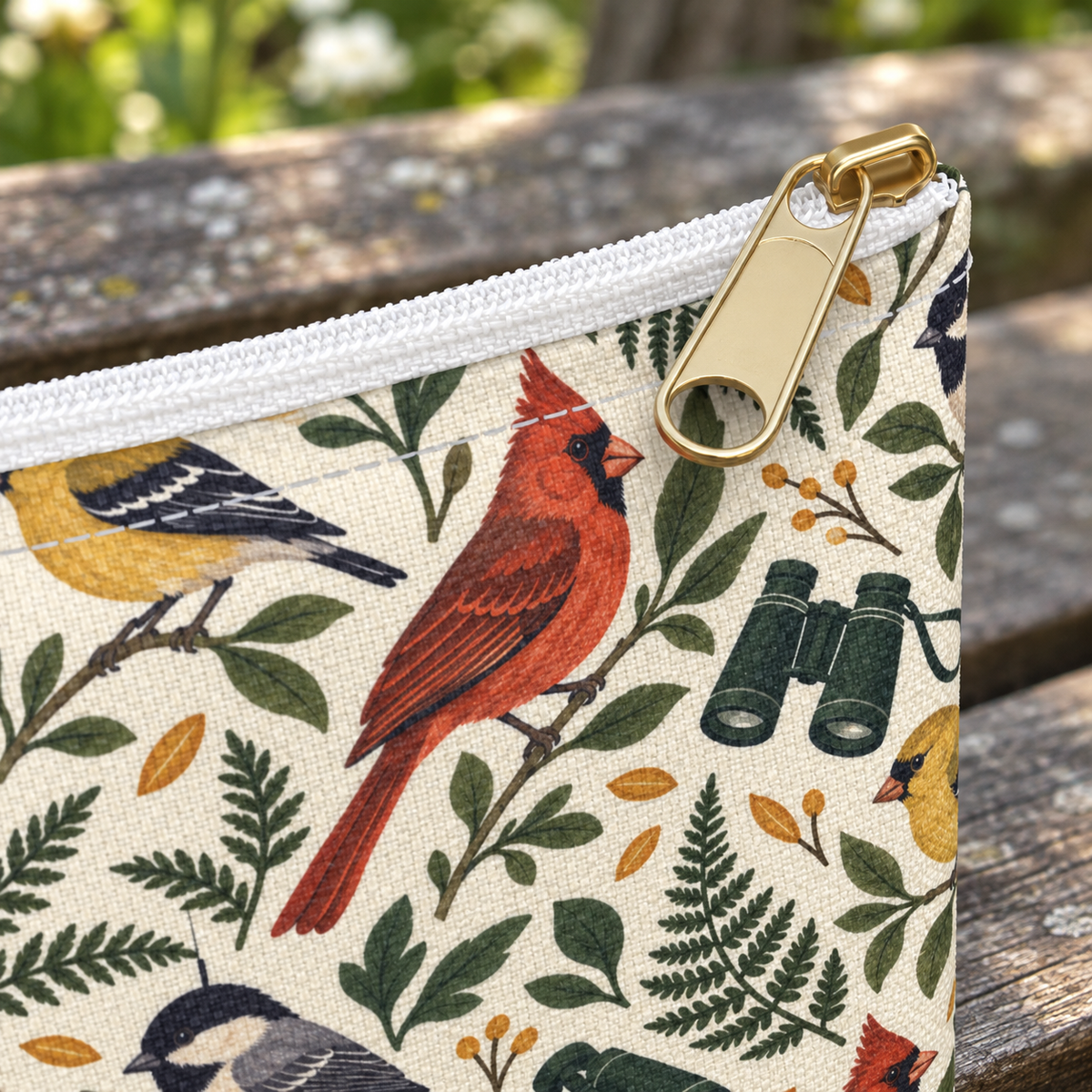 Dawn Chorus printed fabric, white zipper and gold-tone pull detail on a wooden bench — digitally styled mockup
