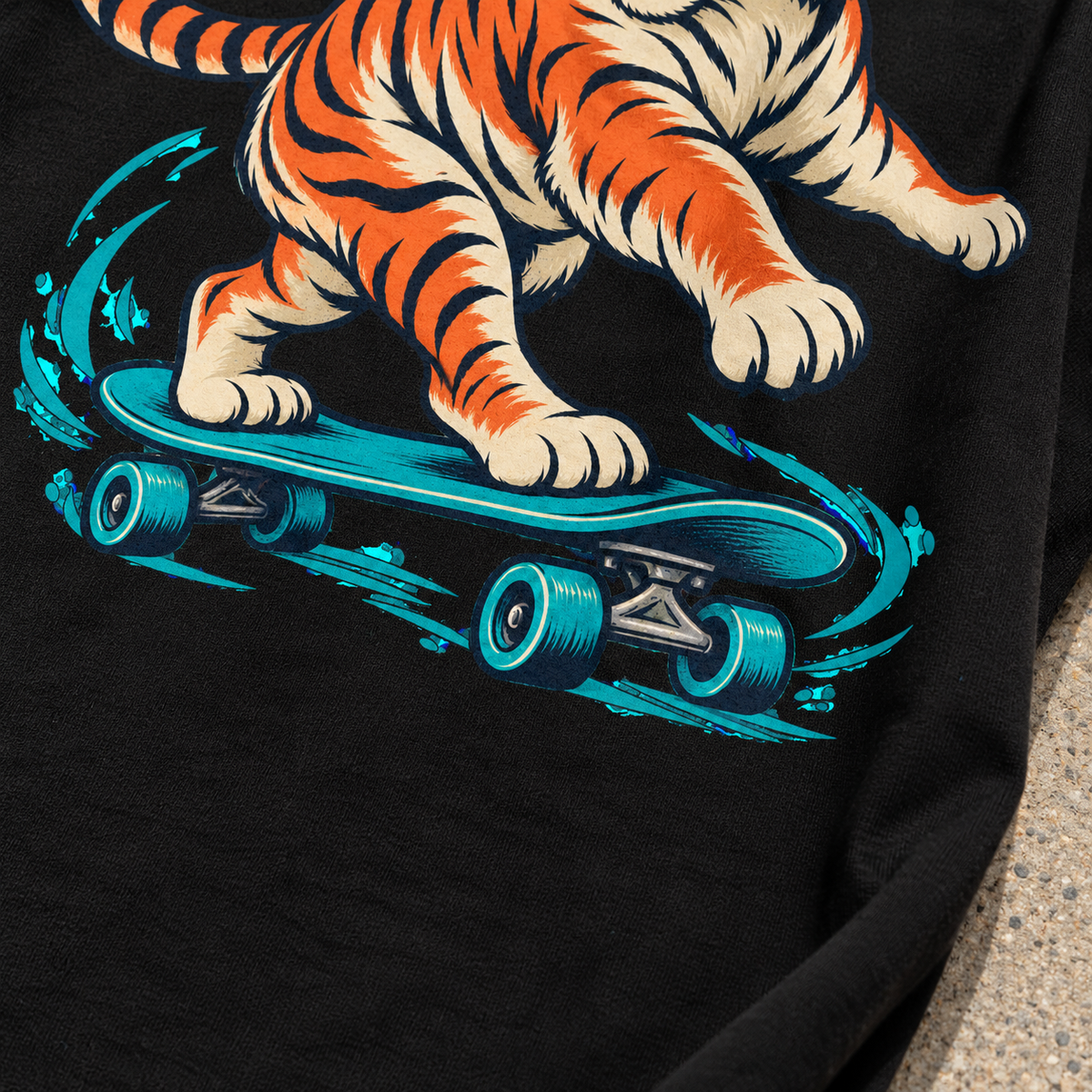 Close view of tiger paws, skateboard print and black cotton on concrete; digitally styled mockup