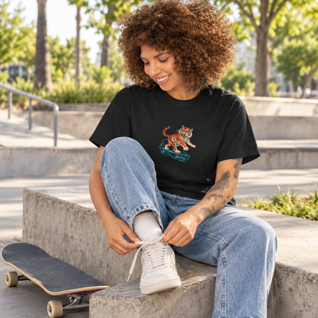 Person wearing Electric Tiger Skate tee while seated to tie a sneaker; digitally styled mockup
