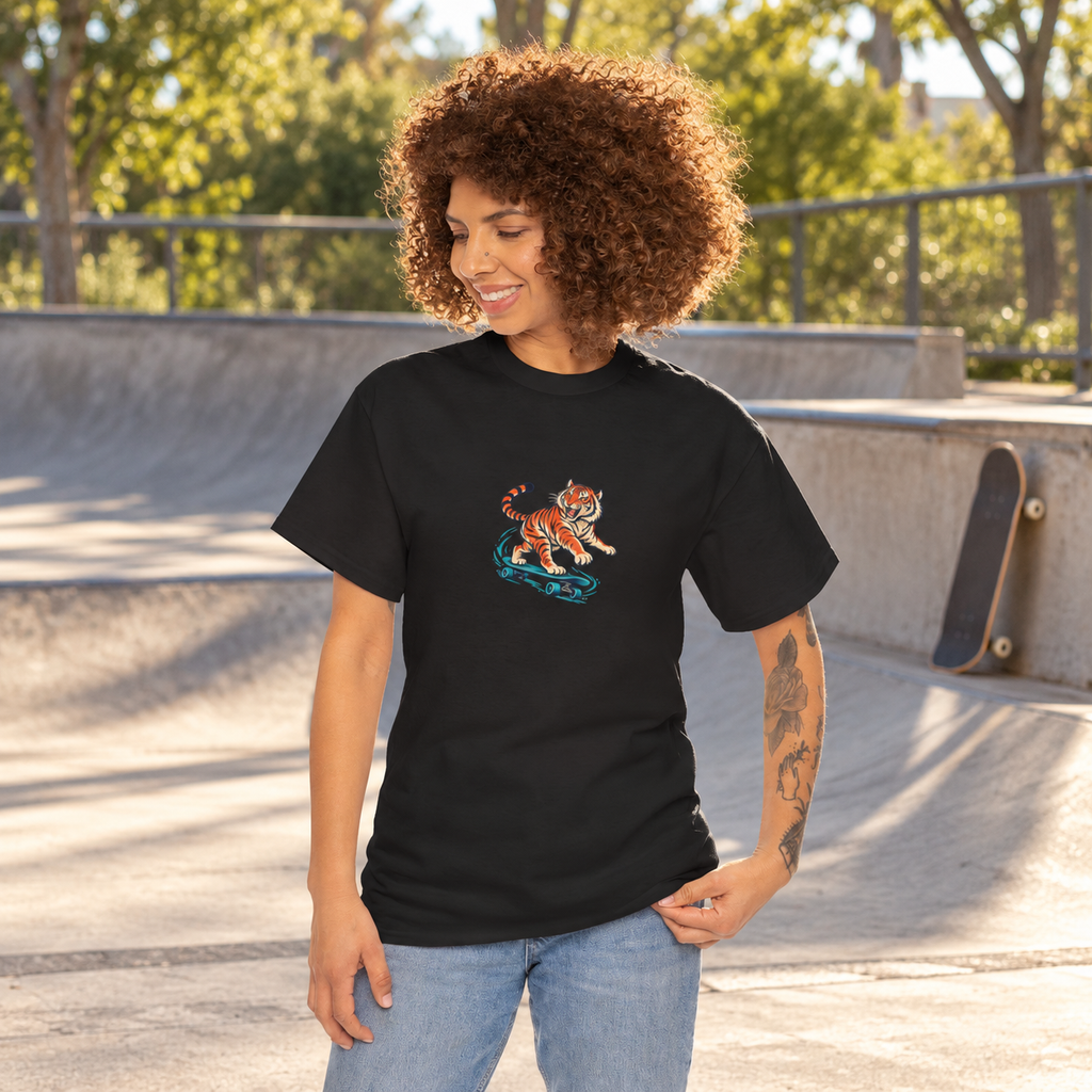 Electric Tiger Skate tee worn during an outdoor skate-park break; digitally styled mockup