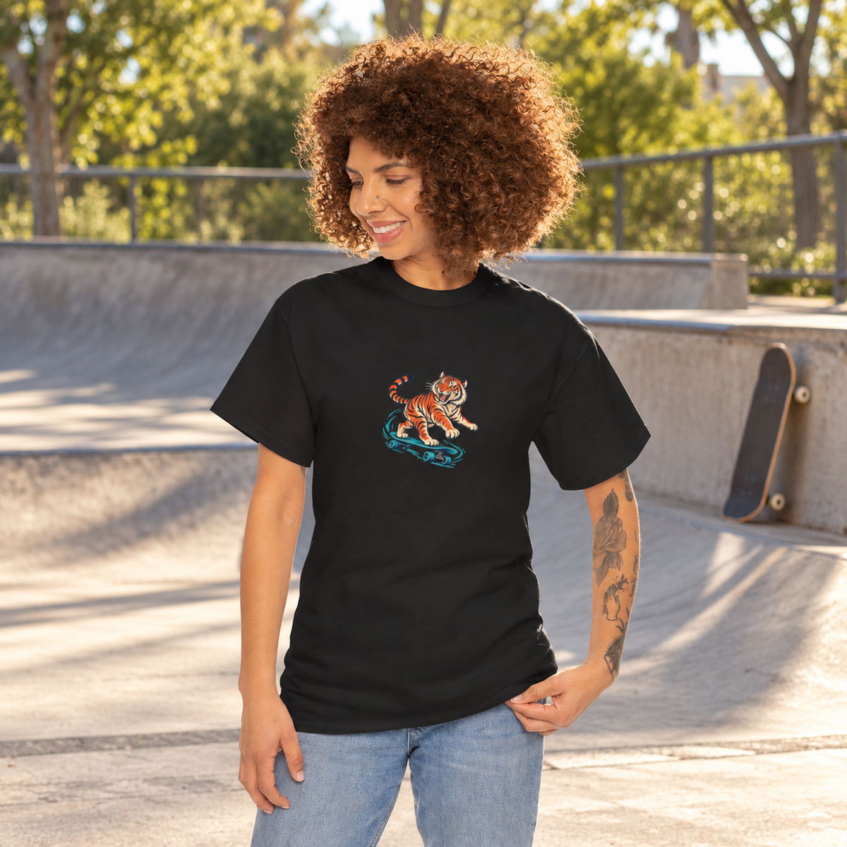 Electric Tiger Skate tee worn during an outdoor skate-park break; digitally styled mockup