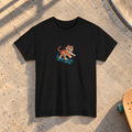 Electric Tiger Skate black cotton T-shirt in a skate-park concrete flat lay; contextual digital mockup
