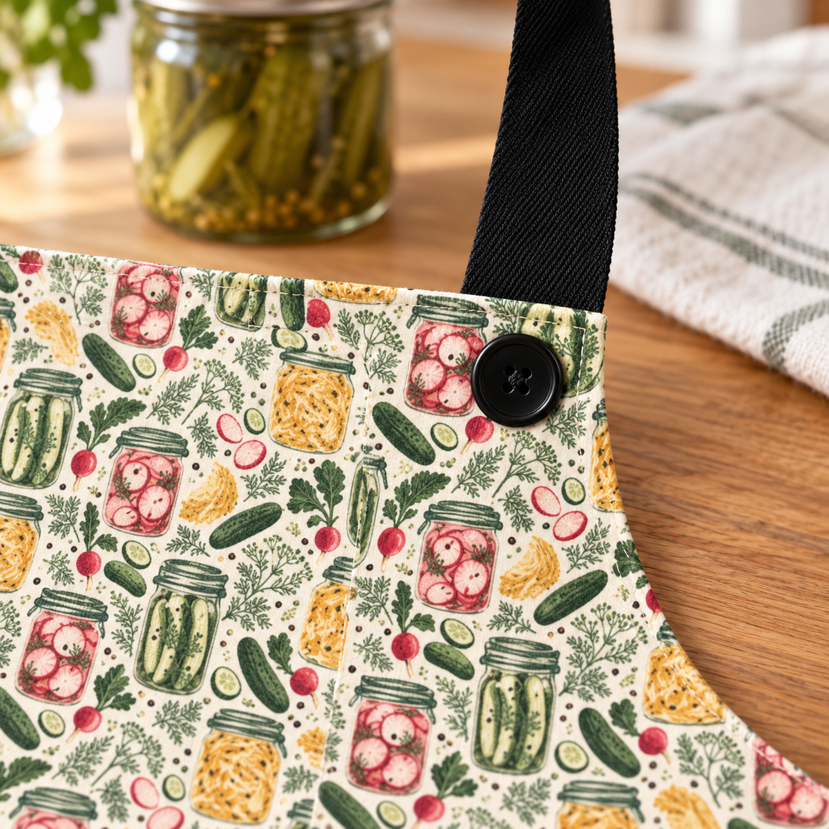 Fermentation Pantry printed fabric and black button strap attachment on a wooden counter — digitally styled mockup