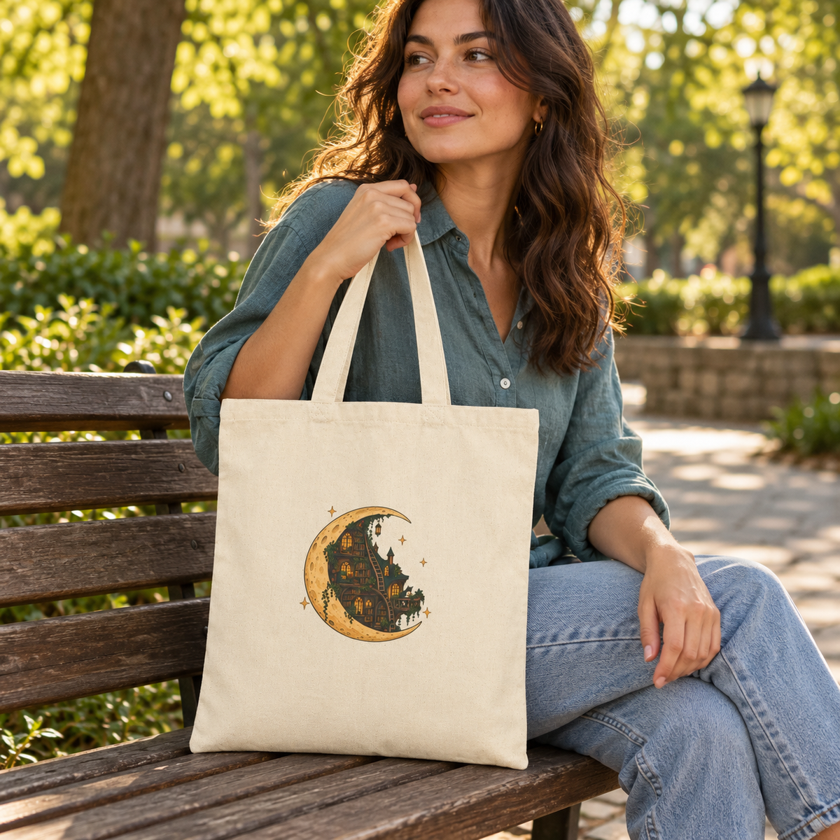 Moonlit Library tote lifted by a seated person on park bench — digital mockup