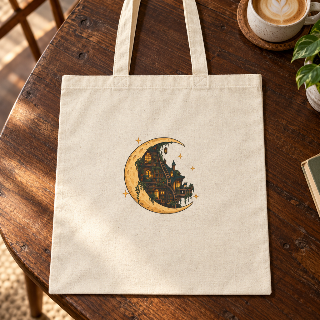 Moonlit Library tote print and cotton canvas detail on café tabletop — digital mockup