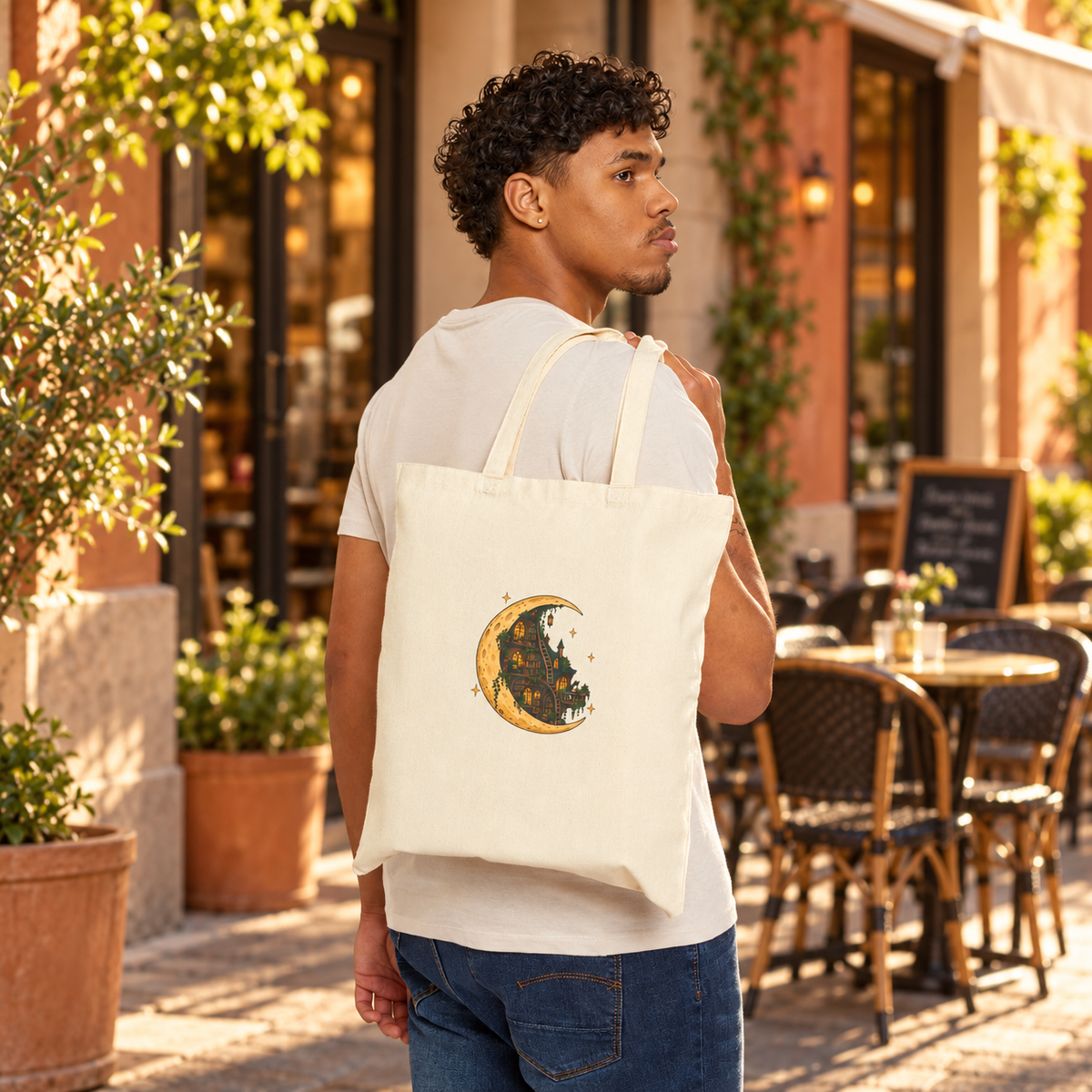 Moonlit Library tote carried over shoulder on café terrace — digital mockup