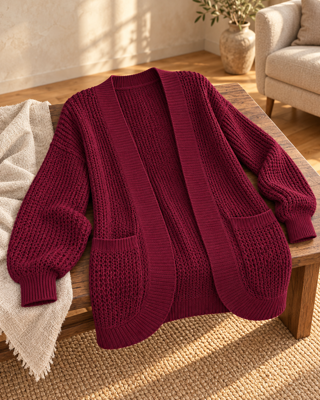 Chunky Knit Open Front Cardigan with Pockets, Burgundy, styled room still life