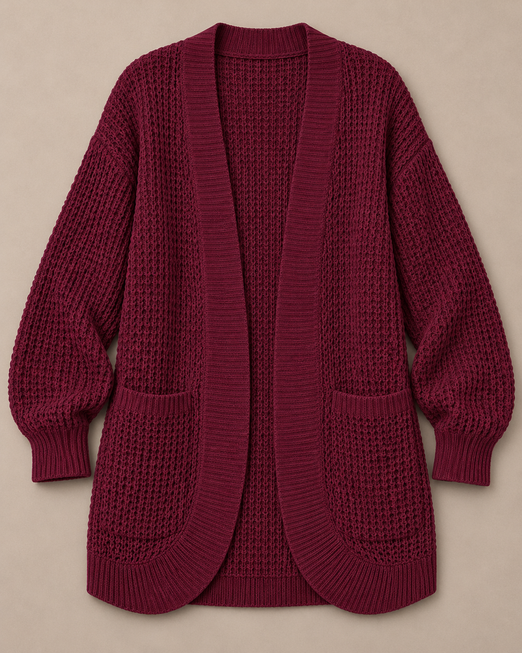 Chunky Knit Open Front Cardigan with Pockets, Burgundy, standalone studio product photo