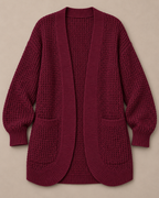 Chunky Knit Open Front Cardigan with Pockets, Burgundy, standalone studio product photo