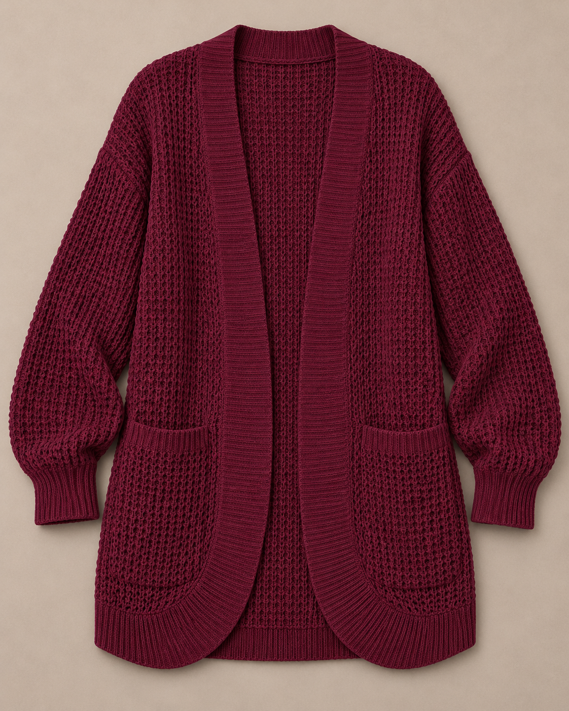 Chunky Knit Open Front Cardigan with Pockets, Burgundy, standalone studio product photo