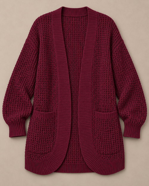 Chunky Knit Open Front Cardigan with Pockets, Burgundy, standalone studio product photo