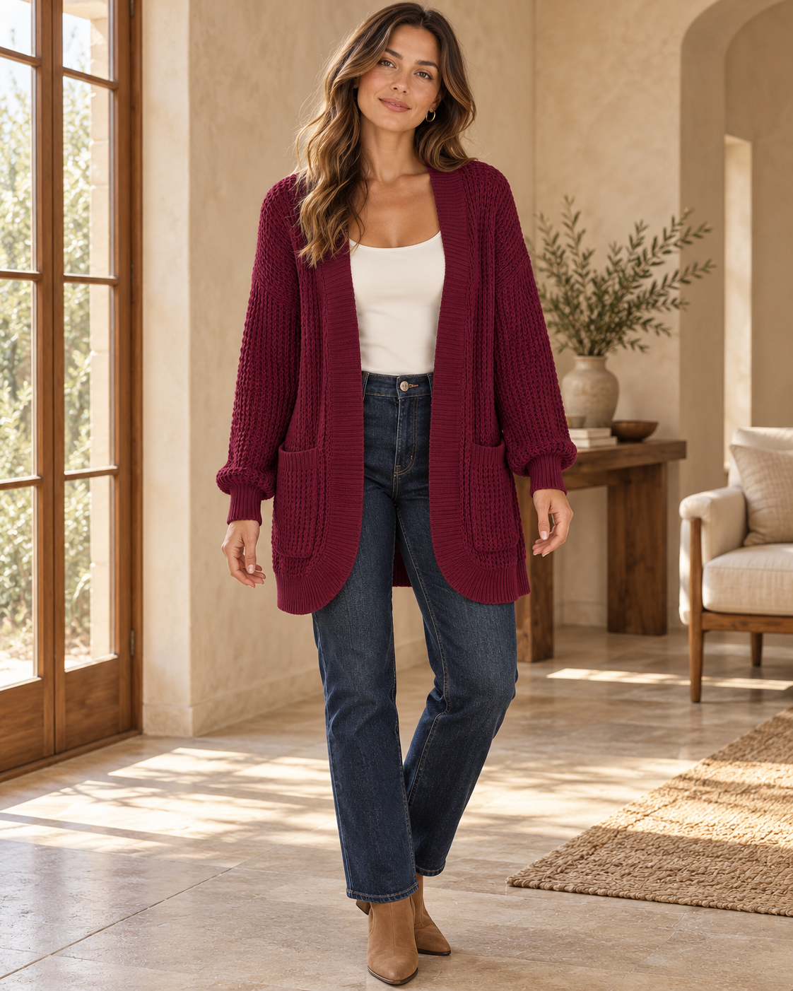 Chunky Knit Open Front Cardigan with Pockets, Burgundy, worn by an adult model in a warm studio room