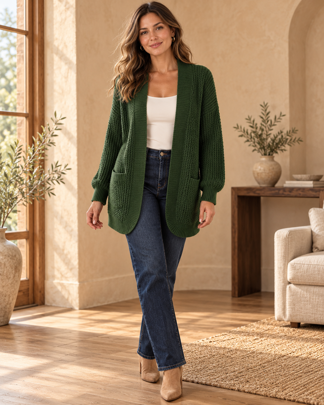 Chunky Knit Open Front Cardigan with Pockets, Dark Green, worn by an adult model in a warm studio room