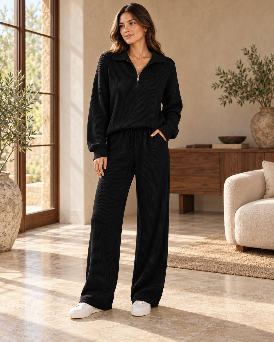 Cozy Ribbed Knit Quarter-Zip Top and Wide-Leg Set, Black, worn by an adult model in a warm studio room