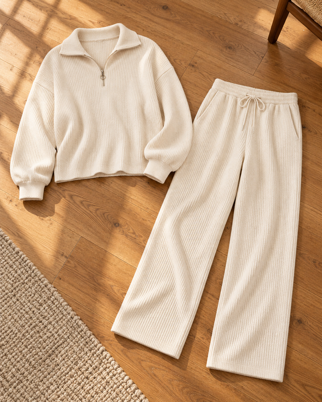 Cozy Ribbed Knit Quarter-Zip Top and Wide-Leg Set, Cream, styled room still life