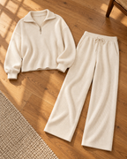 Cozy Ribbed Knit Quarter-Zip Top and Wide-Leg Set, Cream, styled room still life
