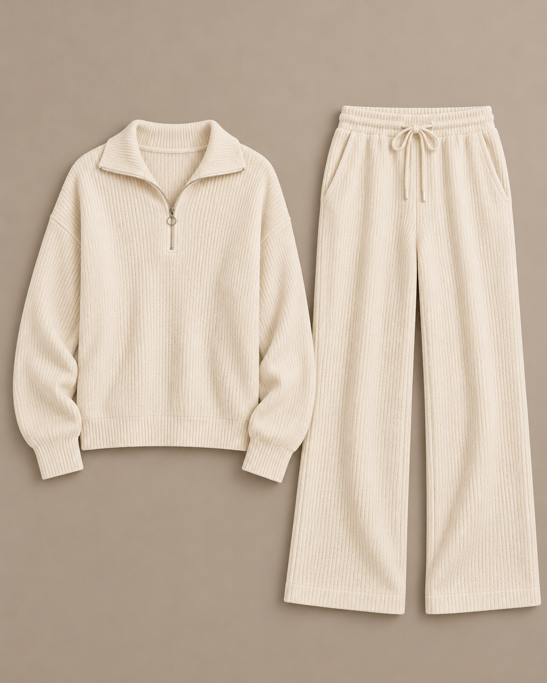 Cozy Ribbed Knit Quarter-Zip Top and Wide-Leg Set, Cream, standalone studio product photo