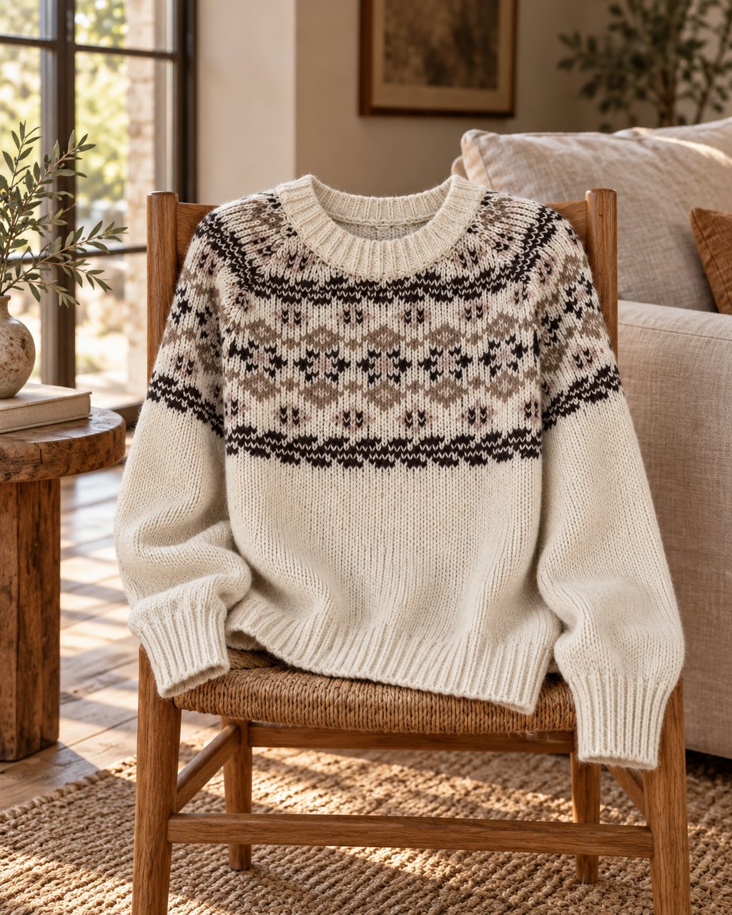 Fair Isle Patterned Round Neck Sweater in White — garment draped on an oak chair in a styled room