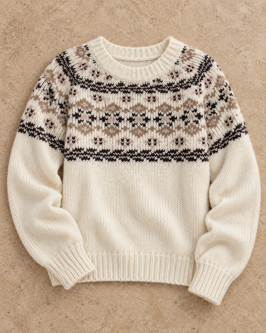 Fair Isle Patterned Round Neck Sweater in White — standalone garment on a warm stone studio background