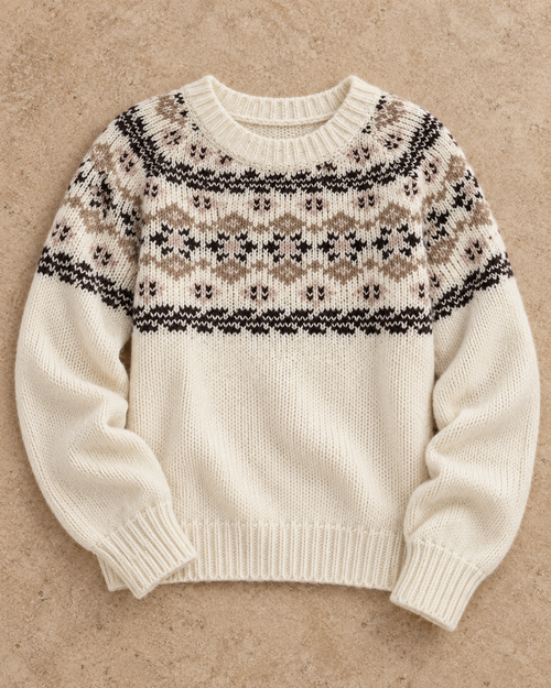Fair Isle Patterned Round Neck Sweater in White — standalone garment on a warm stone studio background