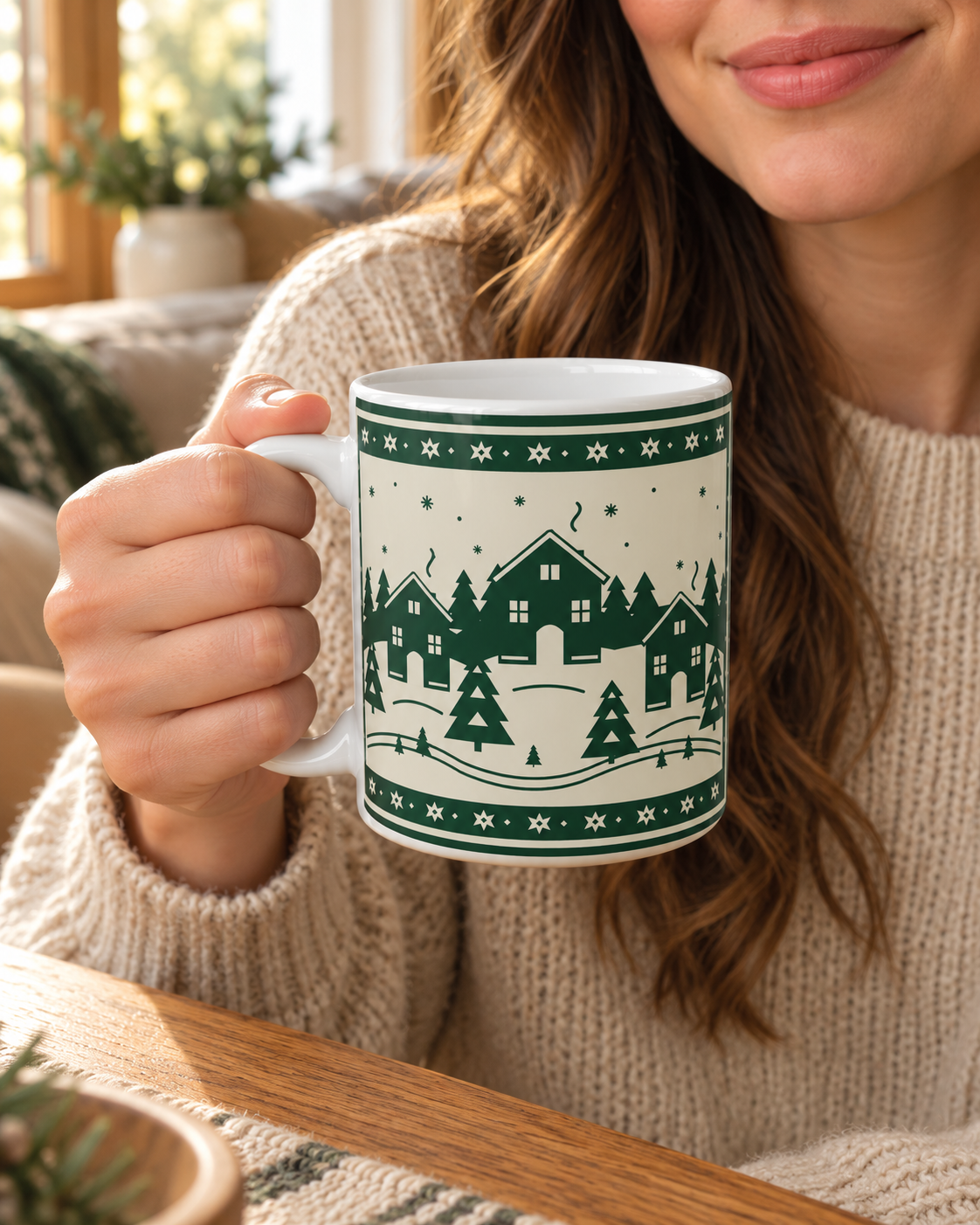 Adult woman holding the white Family Winter Story 11oz ceramic mug by its handle in a warm room.
