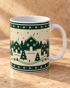 White Family Winter Story 11oz ceramic mug with cream and forest-green village pattern on warm tan stone.