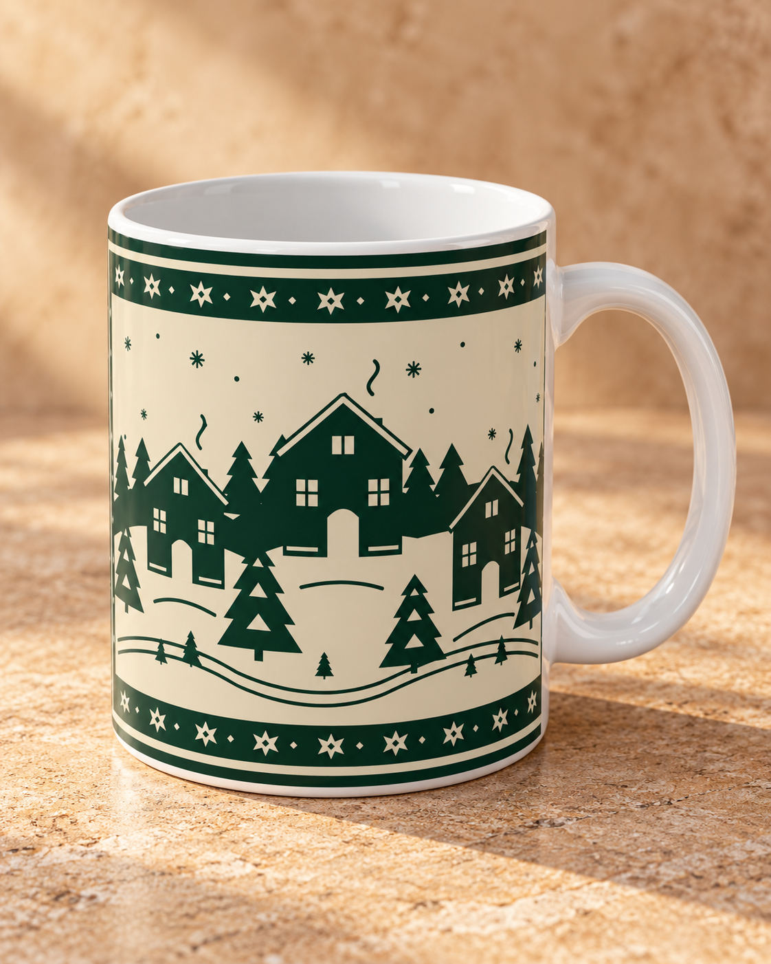 White Family Winter Story 11oz ceramic mug with cream and forest-green village pattern on warm tan stone.