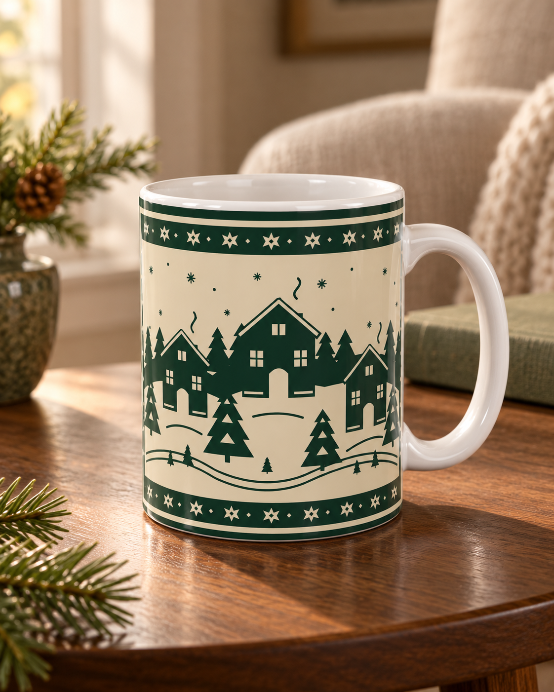 family winter story ceramic mug 11oz  original design; AI-styled product image