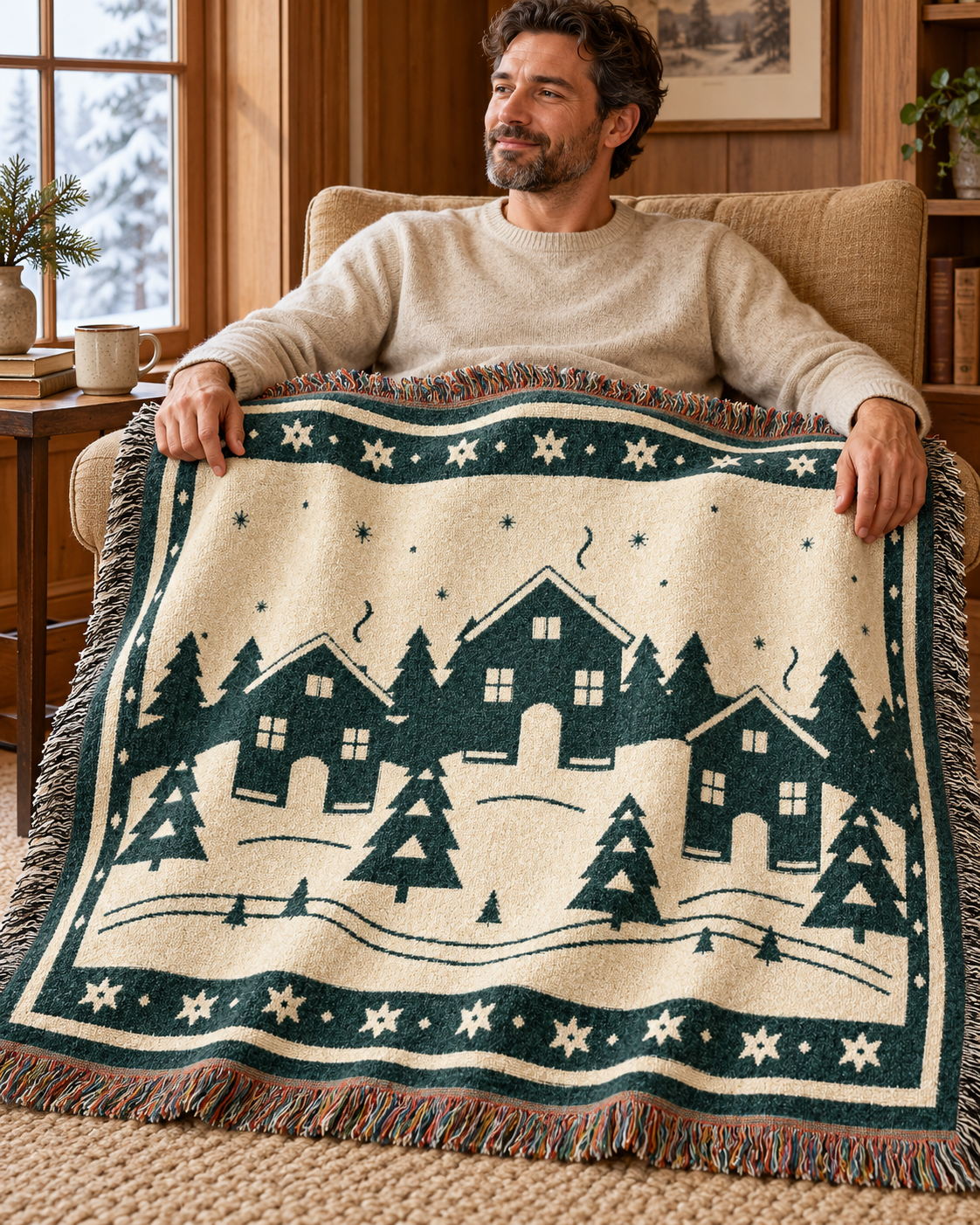 Adult man using the cream and forest-green Family Winter Story woven cotton blanket in a warm reading room.