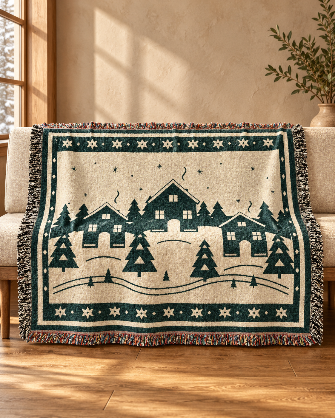 family winter story woven cotton blanket 60 50 in  original design; AI-styled product image