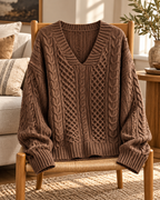 Full Size Cable Knit Dropped Shoulder Sweater Plus Size in Brown — garment draped on an oak chair in a styled room