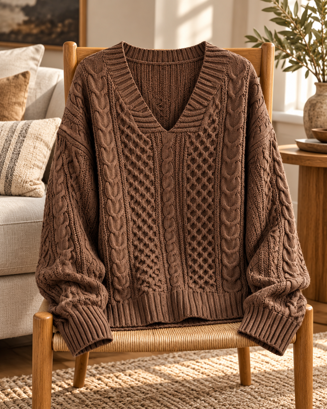 Full Size Cable Knit Dropped Shoulder Sweater Plus Size in Brown — garment draped on an oak chair in a styled room