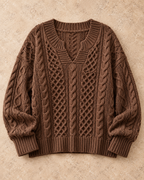 Full Size Cable Knit Dropped Shoulder Sweater Plus Size in Brown — standalone garment on a warm stone studio background