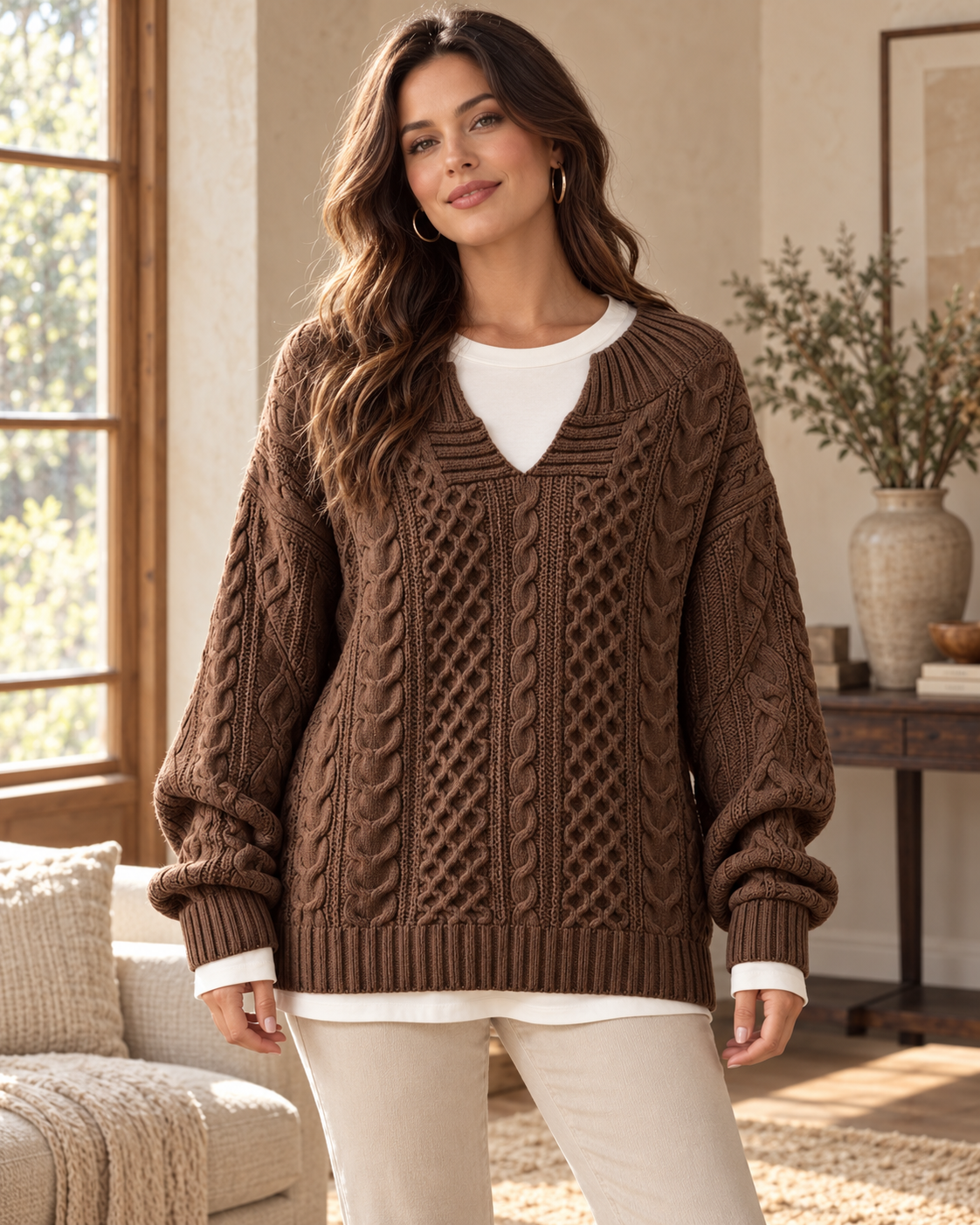 Full Size Cable Knit Dropped Shoulder Sweater Plus Size in Brown — worn by an adult model in a warm architectural studio